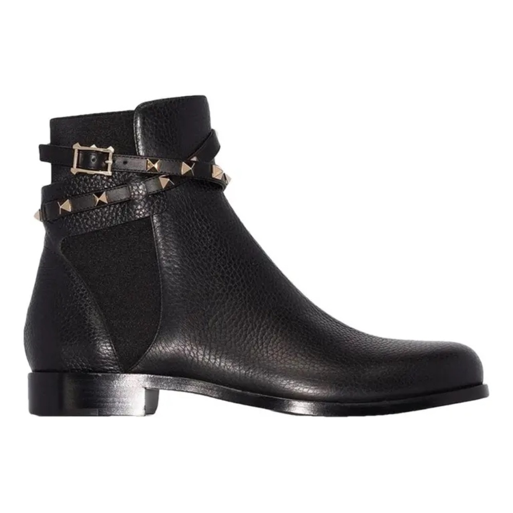 Valentino Black Grained Double Strap Rockstud Ankle Boot